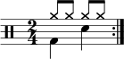 \new Staff << \new voice \relative c' { \clef percussion \numericTimeSignature \time 2/4 \set Score.tempoHideNote = ##t \tempo 4 = 100 \stemDown \repeat volta 2 { g4 d' } } \new voice \relative c'' { \override NoteHead.style = #'cross \stemUp \repeat volta 2 { a8 aaa } } >>