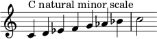 { \override Score.TimeSignature #'stencil = ##f \relative c' { \clef treble \time 7/4 c4^\markup { سلم دو الصغير الطبيعي } d es fg aes bes c2 } } 