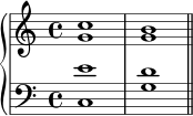  \new PianoStaff << \new Staff << \new Voice \relative c'' { \stemUp \clef treble \key c \major \time 4/4 c1 b } \new Voice \relative c'' { \stemDown g1 g } >> \new Staff << \new Voice \relative c' { \stemUp \clef bass \key c \major \time 4/4 e1 d } \new Voice \relative c { \stemDown c1 g' \bar "||" } >> >> 