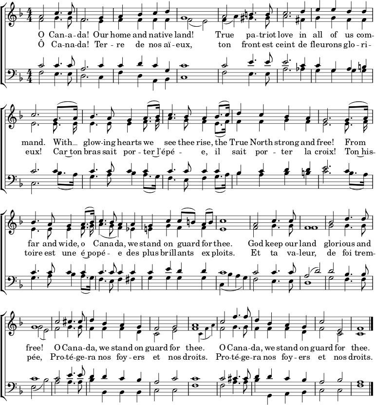  % من https://hymnary.org/hymn/CGH2010/700 \header { tagline = ##f } \paper { #(set-paper-size "a4") } \layout { indent = 0 \context { \Score \remove "Bar_number_engraver" } \context { \Voice \remove "Dynamic_engraver" } } global = { \key f \major \time 4/4 \numericTimeSignature } soprano = \relative c'' { \global a2 c4. c8 | f,2. g4 | a bes cd | g,1 | a2 b4. b8 | c2. d4 | eedd | c2. % ربما \set melismaBusyProperties = #'() ... \unset \set melismaBusyProperties g8. (a16) | bes4. a8 g4 a8. (bes16) | c4. bes8 a4 bes8. (c16) | d4 c bes a | g2. g8. (a16) | bes4. a8 g4 a8. (bes16) | c4. bes8 a4 a | gc c8 ([b]) a (b) | c1 | a2 c4. c8 | f,1 | bes2 d4. d8 | g,1 | c2 cis4. cis8 | d4 bes ag | f2 g | a1 | c2 f4. f8 | d4 bes ag | c2 e, | f1 \bar "|." } alto = \relative c' { \global f2\f g4. g8 | f2. e4 | ffff | f2 (e) | f4 (a) gis4. gis8 |a2. fis4 | ggff | e2. e8. e16\noشعاع | e4. e8 e4 f8. g16\noشعاع | a4. g8 f4 e8. (ف١٦) | f4 اف جي اف | e2. e8. f16\noشعاع | e4. e8 e4 f8. g16\noشعاع | a4. (g8 f4) es | ه! gff | ه1 | f2 g4. g8 | f1 | g2 g4. g8 | ز2 (هـ) | f2 g4. g8 | f4 التمويل من أجل التنمية | ج2ه | << { f1 } { s4 \setfontSize = #-2 c\ffff (fa) \setfontSize = #0 } >> | f2 g4. g8 | f4 التمويل من أجل التنمية | f2 ج | c1 \bar "|." } Tenor = \relative c' { \global c2 c4. ج8 | a2. ج4 | سي دي سي جي | ج1 | c2 e4. e8 | e2. c4 | cgab | c2. c4 | c4. c8 c4 c | c4. c8 c4 c | bes cdd | e2. c4 | c4. c8 c4 c | c4. c8 c4 c | cedd | c1 | c2 c4. c8 | a2 (d) | d bes4. bes8 | c1 | c2 e4. e8 | d4 dc bes | a2 c | c1 | c2 cis4. cis8 | d4 dc bes | a2 bes | a1 \bar "|." } bass = \relative c { \global f2 e4. e8 | d2. c4 | fda bes | c1 | f2 e4. e8 | a2. as4 | gggg | c,2. bes'8. (a16) | g4. a8 bes4 a8. (g16) | f4. e8 f4 g8. (a16) | bes4 a bes b | c2. bes8. (a16) | g4. a8 bes4 a8. (g16) | f4. e8 f4 fis | gggg | c, (bes' ag) | f2 e4. e8 | d1 | g2 f4. f8 | e2 (bes') | a2 a4. a8 | bes4 bes, bes bes | c2 c | f1 | 2 a4. a8 | bes4 g, a bes | c2 c | f1 \bar "|." } verseEN = \lyricmode { يا كندا! موطننا وأرضنا! حب الوطن الحقيقي فينا جميعًا يقود. بقلوب متوهجة نراكِ تنهضين، يا شمالنا الحقيقي القوي والحر! من كل مكان، يا كندا، نقف حراسًا لكِ. ليحفظ الله مجد أرضنا – أيدًا وأحرارًا! \كرر تتكشف 2 { يا كان -- أ -- دا، نحن نقف من أجلك. } } verseFR = \lyricmode { Ô Ca -- na -- da! Ter -- re de nos aï -- eux، ton front est ceint de fleu -- rons glo -- ri -- eux! Car~ton bras sait por -- ter~l'é -- pé -- "" e, il sait por -- ter la croix! Ton~his -- toire est une é~po -- pé -- "" e des plus brill -- ants ex -- ploits. Et ta va -- leur, de foi trem -- pée, \repeat unfold 2 { Pro -- té -- ge -- ra nos foy -- ers et nos droits.} } \score { \new ChoirStaff << \new Staff \with { midiInstrument = "brass section" } << \new Voice = "soprano" { \voiceOne \soprano } \new Voice = "alto" { \voiceTwo \alto } >> \new Lyrics \new Lyrics \lyricsto "soprano" \verseEN \new Lyrics \lyricsto "soprano" \verseFR \new Staff \with { midiInstrument = "brass section" } << \clef bass \new Voice = "tenor" { \voiceOne \tenor } \new Voice = "bass" { \voiceTwo \bass } >> >> \layout { } \midi { \tempo 4=102 } } 