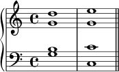  \new PianoStaff << \new Staff << \new Voice \relative c'' { \stemUp \clef treble \key c \major \time 4/4 d1 e } \new Voice \relative c'' { \stemDown g1 g } >> \new Staff << \new Voice \relative c' { \stemUp \clef bass \key c \major \time 4/4 b1 c } \new Voice \relative c' { \stemDown g1 c, \bar "||" } >> >> 