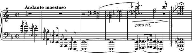 { \relative c' { \new PianoStaff << \set PianoStaff.connectArpeggios = ##t \new Staff { \key f \major \tempo "Andante maestoso" R1 R r2 \clef F << { <a, c fis> 2\( \stemDown <bes des g> <ces ees aes> \stemUp <ees ees'>2..\) q16 s1 } \\ { \stemNeutral s2*3 <aes bes>2\<_\markup\italic{poco rit.} <g bes>\> <ees aes ces ees>1\arpeggio\!^\fermata } >> } \new Staff { \clef F \key f \major \slashedGrace { <a a'>8 } <a a'>2^^ \slashedGrace { <ees ees'>8 } <ees ees'>2^^ \slashedGrace { <a, a'>8 } <a a'>4^^ \slashedGrace { <ees ees'>8 } <ees ees'>4^^ \slashedGrace { <a , a'>8 } <a a'>4^^ \slashedGrace { <ees ees'>8 } <ees ees'>4^^~q1~q~ q4 <فس فاس>8. ( <ges ges'>16 <fes es'>4 <ees ees'> ) <aes ees' aes>1\arpeggio_\fermata % } >> } }