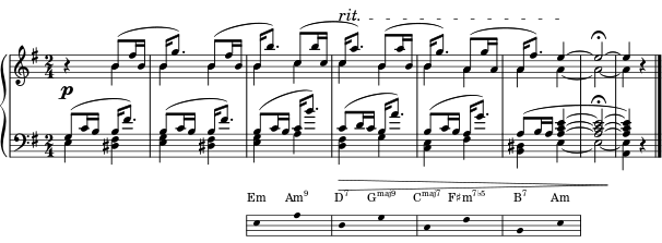 { << \new Dynamics { s2 s s4 s \tempo 8 = 87 s-"rit." \tempo 8 = 82 s \tempo 8 = 77 s \tempo 8 = 72 s } \new PianoStaff << \new Staff \with{ \magnifyStaff #3/4 } << \new Voice \relative c' { \key e \minor \set Score.tempoHideNote = ##t \tempo 8 = 92 \time 2/4 \stemUp \slurUp \tieUp r4 b'8( fis'16 b, | b g'8.) b,8( fis'16 b, | b b'8.) c,8( b'16 c, | c a'8.^\startTextSpan) b,8( a'16 b, | b g'8.) a,8( g'16 a, | a fis'8.) e4 ~ \stopTextSpan e2 \fermata ~ e4 r \bar "|." } \new Voice \relative c' { \stemDown \tieDown s4 b'4 bbbccbbaaa ~ a2 ~ a4 s4 } \new Dynamics { \p } \new Staff \with{ \magnifyStaff #3/4 } << \new Voice \relative c' { \key e \minor \clef F \time 2/4 \stemUp \slurUp \tieUp g8( c16 bb fis'8.) | b,8( c16 bb fis'8.) | b,8( c16 bc b'8.) | c,8( d16 cb a'8.) | b,8( c16 ba g'8.) | a,8( b16 a ~ <ac e>4 ~ <ac e>2 \fermata ~ <ac e>4) r | } \new Voice \relative c' { \stemDown \tieDown e,4 <dis fis> | <e g> <dis fis> | <e g> a | <d, fis> g | <c, e> fis | <b, dis> e4 ~ e2 ~ <a, e'>4 s } \new Dynamics { s2 sss\> ssss \! } >> >> >> \new Staff = "chords" \with { \omit TimeSignature \magnifyStaff #2/3 } \relative c' { \hide Staff.KeySignature \hide Staff.Clef \key e \minor \clef bass { \hide Stem \stopStaff \once \hide \p s2 s \startStaff e,8 sasd, sgsc, s fis sb, ses \stopStaff}} \addlyrics \with { alignAboveContext = "chords" \override VerticalAxisGroup.nonstaff-relatedstaff-spacing = #'((basic-distance . 3)) } { \override LyricText.font-size = #-3 Em \markup{\concat{Am\super{9}}} \markup{\concat{D\super{7}}} \markup{\concat{G\super{maj9}}} \markup{\concat{C\super{maj7}}} \markup{\concat{F♯m\super{7♭5}}} \markup{\concat{B\super{7}}} Am} >> } \layout { line-width = #150 } 