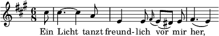 { \new Staff << \relative c'' {\set Staff.midiInstrument = #"clarinet" \tempo 4 = 110 \set Score.tempoHideNote = ##t \key a \major \time 6/8 \autoBeamOff \set Score.currentBarNumber = #6 \set Score.barNumberVisibility = #all-bar-numbers-visible \bar "" \partial 8 cis8 | cis4.~ cis4 a8 | e4 e8 \grace fis16( e8[)( dis]) e | fis4.( e4) } \addlyrics { ضوء_ يرافق_ صديقًا_ أمام_ عينيها،_ } >> }