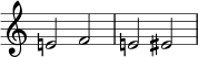  { \new Staff \with { \remove "Time_signature_engraver" } \relative c' {e!2 fe! eis} } 
