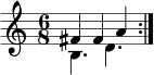 \new Staff << \clef treble \time 6/8 \new Voice \relative c' { \stemUp \repeat volta 2 { fis4 fis a } } \new Voice { \stemDown \repeat volta 2 { b4. d' } } >>