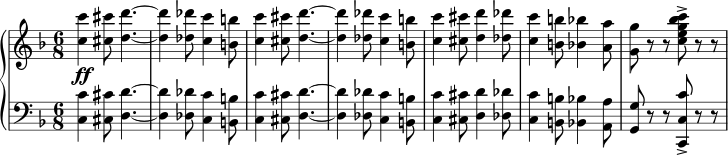  { { \new PianoStaff << \new Staff { \relative c'' { \set Score.tempoHideNote = ##t \tempo 4. = 120 \clef treble \time 6/8 \key f \major <c c'>4\ff <cis cis'>8 <d d'>4.~ <d d'>4 <des des'>8 <c c'>4 <b b'>8 <c c'>4 <d d'>4.~ <d d'>4 <des des'>8 <c c'>4 <b b'>8 <c c'>4 <d cis cis'>8 <d d'>4 <des des'>8 <c c'>4 <b b'>8 <bes bes'>4 <a a'>8 <g g'>8 rr <ceg bes c>-> rr } } \ طاقم العمل الجديد { \relative c { \clef bass \time 6/8 \key f \major <c c'>4 <cis cis'>8 <d d'>4.~ <d d'>4 <des des'>8 <c c'>4 <b b'>8 <c c'>4 <cis cis'>8 <d d'>4.~ <d d'>4 <des des'>8 <c c'>4 <b b'>8 <c c'>4 <cis cis'>8 <d d'>4 <des des'>8 <c c'>4 <b b'>8 <bes bes'>4 <a a'>8 <g g'>8 rr <c, c' c'>-> rr } } >> } } 