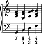 { \override Score.TimeSignature #'stencil = ##f \new PianoStaff << \new Staff << \relative c' { \clef treble \time 4/4 <bd f>4 <g d' f> <b f' g > <bd g> } >> \new Staff << \relative c { \clef bass \time 4/4 g4 bdf } \figures { <7>4 <6 5> <4 3> <4 2> } >> >> }
