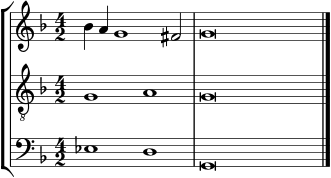  { \override Score.SpacingSpanner.strict-note-spacing = ##t \set Score.proportionalNotationDuration = #(ly:make-moment 1/2) << \new StaffGroup << \new Staff << \set Score.tempoHideNote = ##t \tempo 2 = 60 \set Staff.midiInstrument = #"voice oohs" \clef treble \time 4/2 \relative c'' { \clef treble \time 4/2 \key g \dorian bes4 a g1 fis2 g\breve } >> \new Staff << \set Staff.midiInstrument = #"voice oohs" \clef "treble_8" \time 4/2 \key g \dorian \new Voice \relative c' { g1 ag\breve } >> \new Staff << \set Staff.midiInstrument = #"voice "oohs" \clef bass \time 4/2 \key g \dorian \new Voice \relative c { es1 dg,\breve \bar "|." } >> >> >> } 
