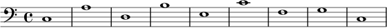  { \new Staff << \new Voice \relative c' { \stemDown \clef bass \key c \major \time 4/4 \tempo 1 = 60 \set Score.tempoHideNote = ##t c,1 a' d, b' e, c' f, gc, } >> } 