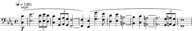 \new Staff \relative c { \clef bass \time 4/4 \key c \minor \tempo "" 4=126 \partial 4 \set Staff.midiInstrument = #"trombone" <c c'>4-\f^\markup{\italic "espr."} (<ees ees'>2. \times 2/3 {<d d'>8 <ees ees'> <d d'>} <c c'>4 \times 2/3 {<g g'>8 <aes aes'> <g g'>} <f f'>2~q4) <ees ees'>4 (<g' g'>4. <f f'>8 <d d'>4 <ees ees'> <b b'>2~q4 <c c'>4 <a a'>2~q2. \times 2/3 { <g g'>8 <a a'> <g g'> } <f f'>1 ) }