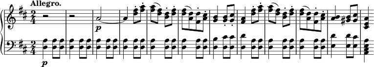  \relative b' { \new PianoStaff << \new Staff { \key b \minor \time 2/4 \tempo \markup { \column { \line { Allegro. } } } r2 r a2~\p a4 <d fis>8-. <fis a>8-. <fis a>8( <d fis>) <b d>8-. <d fis>8-. <d fis>8[( <a d>) <fis d'>8-. <a cis>8-.] <g b>4 <g b>8-. <g cis>8-. <fis a>4 <d' fis>8-. <fis a>8-. <fis a>8( <d fis>) <b d>8-. <d fis>8-. <d fis>8[( <a d>) <fis d'>8-. <a cis>8-.] <a b>4 <gis b>8 <gis cis>8 <cis, e a>4 } \new Dynamics { } \new Staff { \key b \minor \time 2/4 \clef bass <d, a'>4\p <d a'>8 <d a'> <d a'>4 <d a'>8 <d a'> <d a'>4 <d a'>8 <d a'> <d a'>4 <d a'>8 <d a'> <d a'>4 <d a'>8 <d a'> <d b'>4 <d cis'>8 <d cis'> <d d'>4 <d a'>8 <d a'> <d a'>4 <d a'>8 <d a'> <d a'>4 <d a'>8 <d a'> <e d'>4 <e d'>8 <e cis'> <a, cis e a>4 } >> } 