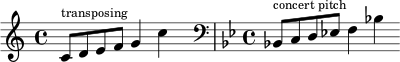 \relative { \cadenzaOn \clef treble \key c \major c'8[ ^ \markup \tiny "transposing" def] g4 c \hide r4 \bar "|" \clef bass \key bes \major \time 4/4 bes,,!8[ ^ \markup \tiny "concert pitch" cd ees!] f4 bes! }