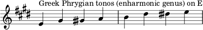 { \key e \major \override Score.TimeSignature #'stencil = ##f \relative c' { \clef treble \time 4/4 e4^\markup { نغمات فريجية يونانية (جنس هارموني) على E } gis gisih ab dis disih e } } 