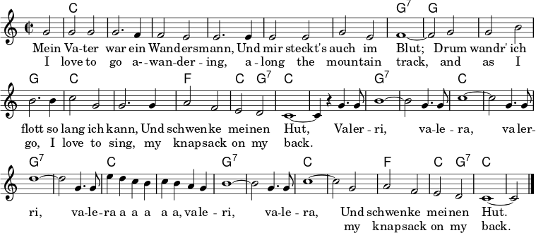  \header { tagline = ##f } \layout { indent = 0 \context { \Score \remove "Bar_number_engraver" } } global = { \key c \major \time 2/2 \partial 2 } chordNames = \chordmode { \global \set ChordNames.midiInstrument = #"acoustic guitar (nylon)" \set chordChanges = ##t s2 | c,1 | c, | c, | c, | c, | c, | g,:7~ | g,2 g,2 | g,1 | g, | c, | c, | f, | c,2 g,:7 | c,1~ | c,2 s2 | g,1:7~ | g,2:7 s | c,1~ | c,2 s | g,1:7~ | g,2:7 s2 | c,1 | c, | g,:7~ | g,2:7 s | c,1~ | c, | f, | c,2 g,:7 | c,1~ | c,2 \bar "|." } tenorVoice = \relative c'' { \global g2 | gg | g2. f4 | f2 e | e2. e4 | e2 e | ge | f1~ | f2 g2 | gb | b2. b4 | c2 g | g2. g4 | a2 f | ed | c1~ | c4 r g'4. g8 | b1~ b2 g4. g8 | c1~ | c2 g4. g8 | d'1~ | d2 g,4. g8 | e'4 dcb | cbag | b1~ | b2 g4. g8 | c1~ | c2 g | af | ed | c1~ | c2\bar "|." } verse = \lyricmode { Mein Va -- ter war ein Wan -- ders -- mann, Und mir steckt's auch im Blut; Drum wandr' ich flott so lang ich kann، Und schwen -- ke mei -- nen Hut، Va -- ler -- ri، va -- le -- ra، va -- ler -- ri، va -- le -- ra aaaaa، va -- le -- ri، va -- le -- ra، Und schwen -- ke mei -- nen Hut. } verseE = \lyricmode { أحب أن أذهب إلى- -- wan -- der -- ing، a -- مسار طويل -- tain، وبينما أذهب، أحب الغناء، ومقعدي -- كيسي على ظهري. \كرر افتح 23 { \تخطي 1} عقدي -- كيس على ظهري. } chordsPart = \new ChordNames \chordNames tenorVoicePart = \new Staff \with { midiInstrument = "accordion"} { \tenorVoice } \addlyrics { \verse } \addlyrics { \verseE } \score { << \chordsPart \tenorVoicePart >> \layout { } \midi { \tempo 4=256 } } 