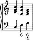 { \override Score.TimeSignature #'stencil = ##f \new PianoStaff << \new Staff << \relative c' { \clef treble \time 3/4 <eg c>4 <c g' c> <ce g> } >> \new Staff << \relative c { \clef bass \time 3/4 c4 eg } \figures { < _ >4 <6> <6 4> } >> >> }