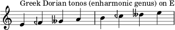 { \override Score.TimeSignature #'stencil = ##f \relative c' { \clef treble \time 4/4 e4^\markup { نغمات دورية يونانية (جنس هارموني) على E } feh geses ab ceh deses e } }