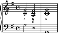 { \new PianoStaff << \new Staff << \new Voice \relative c'' { \stemUp \clef treble \key g \major \time 4/4 \tempo 2 = 60 \set Score.tempoHideNote = ##t <b, d g>2 <ad fis> <bd g>1 } \new FiguredBass { \figuremode { <3>2 <5 _+> <3>1 } } >> \new Staff << \new Voice \relative c' { \stemDown \clef bass \key g \major \time 4/4 g2 dg,1 } >> >> } 