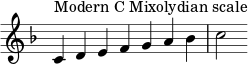 { \key c \mixolydian \override Score.TimeSignature #'stencil = ##f \relative c' { \clef treble \time 7/4 c4^\markup { سلم دو ميكسوليديان الحديث } defga bes c2 } }