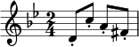 \header { tagline = ##f } \layout { \set Score.tempoHideNote = ##t } \score { \relative g' { \key g \minor \time 2/4 \set Staff.midiInstrument = #"acoustic guitar (nylon)" d8-. c'-. a-. fis-. } \layout { indent = 0\cm } \midi { \tempo 4 = 60 } }