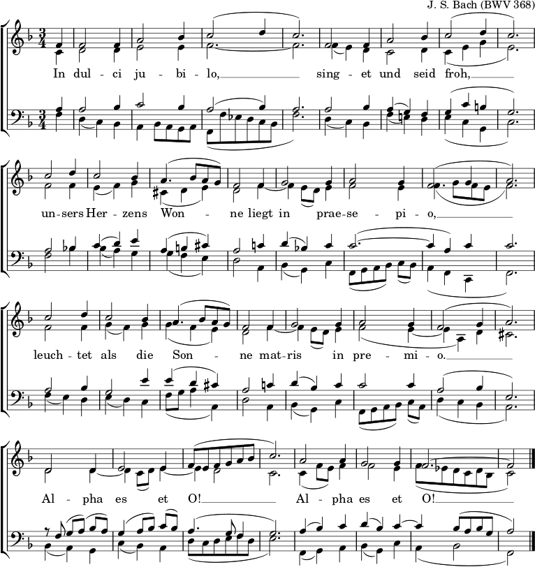  % من https://www.bach-chorales.com/BWV0368.htm \header { tagline = ##f arranger = "JS Bach (BWV 368)" } %\paper { paper-width = 260\mm } \layout { indent = 0 \set Score.tempoHideNote = ##t \context { \Score \remove "Bar_number_engraver" } \context { \Voice \remove "Dynamic_engraver" } } global = { \key f \major \time 3/4 \partial 4 } soprano = \relative c' { \global \set midiInstrument = "flute" f4\ff | \repeat unfold 2 { f2 f4 | a2 bes4 | c2 (d4 | c2.) | } \repeat unfold 2 { c2 d4 | c2 bes4 | a4. (bes8 ag) | f2 f4 | g2 g4 | a2 g4 | f2 (g4 | a2.) | } d,2 d4 | e2 e4 | f8 (efga bes | c2.) | a2 a4 | g2 g4 | f2.~ | f2 \bar "|." } alto = \relative c' { \global \set midiInstrument = "flute" c4 | d2 d4 | e2 e4 | f2.~ | f2. | f4 (e) d | c2 d4 | c (eg | e2.) | f2 f4 | e (f) g | cis, (de) | d2 f4~ | f e8 (d) e4 | f2 e4 | f4. (g8 fe f2.) | f2 f4 | g (f) g | g (fe) | d2 f4~ | f e8 (d) e4 | f2 (e4~ | ea,) d | cis2. | d2 d4~ | d c8 (d) e4~ | e d2 | c2. | c4 (f8 e) f4 | f2 e4 | f8 (es \tempo 4. = 90 dcd bes | c2) \bar "|." } tenor = \relative c' { \global \set midiInstrument = "french horn" a4 | a2 bes4 | c2 bes4 | a2 (bes4) | a2. | a2 bes4 | a (g) f | g (cb | g2.) | a2 bes!4 | c (d) e | a, (b cis) | a2 c!4 | d (bes!) c | c2.~( | c4 a) c | c2. | a2 bes4 | g2 e'4 | ه (د رابطة الدول المستقلة) | a2 ج!4 | د (بيس) ج | ج2 ج4 | a2 (bes4 | ه،2.) | r8 و(ز [أ]) (بيس أ) | g4 (a8 [بيس]) ج (بيس) | a4. (g8 f4 | g2.) | a4 (بيس) ج | د (بيس) ج~ | c bes8 (a bes g | a2) \bar "|." } bass = \relative c { \global \set midiInstrument = "الترومبون" f4\pp | د (ج) بس | a bes8 الآغا | و (f' es dc bes | f'2.) | د4 (ج) بس | و '(ه!)د | ه (cg | c2.) | f2 بيس 4 | بس (أ) ز | ز (الحديد) | د2 a4 | بس (ز) ج4 | و،٨ ([جا بيس]) ج (بيس) | a4 (fc | f2.) | f'4 (هـ) د | ه (د) ج | f8 (ز a4 أ،) | د2 a4 | بس (ز) ج | و،٨ ([جا بيس]) ج (أ) | d4 (ج بيس | a2.) | bes4 (أ) ز | ج (بيس) أ | d8 (cdefd | e2.) | و،4 (ز) أ | بس (ز) ج | أ (bes2 | f2) \bar "|." } verse = \lyricmode { In dul -- ci ju -- bi -- lo, __ الغناء -- et und seid froh, __ un -- sers Her -- zens Won -- ne liegt in prae -- se -- pi -- o, __ leuch -- tet als die Son -- ne mat -- ris in pre -- mi -- o. __ Al -- pha es et O! __ Al -- pha es et O! __ } \score { \new ChoirStaff << \new Staff << \new Voice = "soprano" { \voiceOne \soprano } \new Voice = "alto" { \voiceTwo \alto } >> \new Lyrics \lyricsto "soprano" \verse \new Staff << \clef bass \new Voice = "tenor" { \voiceOne \tenor } \new Voice = "bass" { \voiceTwo \bass } >> >> \layout { } } \score { { << \soprano \\ \alto \\ \tenor \\ \bass >> } \midi { \tempo 4.= 108 \context { \Score midiChannelMapping = #'instrument } \context { \Staff \remove "Staff_performer" } \context { \Voice \consists "Staff_performer" } } } 