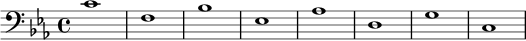  { \new Staff << \new Voice \relative c' { \stemDown \clef bass \key c \minor \time 4/4 \tempo 1 = 60 \set Score.tempoHideNote = ##t c1 f, bes es, as d, gc, } >> } 