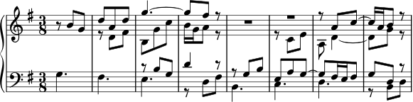  \new PianoStaff << \new Staff << \new Voice \relative c'' { \key g \major \time 3/8 r8 bg | \voiceOne d'8 ad | g4.~ | g8 fis r | \oneVoice R1*3/8 | \voiceOne R1*3/8 | r8 a, c~ | c16 a b8 r | } \new Voice \relative c' { \voiceTwo s4. | r8 d fis | b,8 g' c | b16 g a8 r | s4. | r8 c, e | a,8 d4~ | d8 gr | } >> \new Staff << \new Voice \relative c' { \clef bass \key g \major \voiceOne s4. | s4. | r8 bg | d'4 r8 | r8 g, b | e,8 ag~ | g8 fis16 e fis8 | g8 الدكتور | } \new Voice \relative c' { \voiceTwo g4. | fis4. | e4. | r8 د فيس | ب،4. | ج4. | د4. | r8 دينار بحريني | } >> >> 
