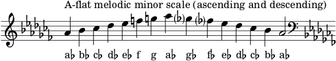  \header { tagline = ##f } scale = \relative a { \key as \minor \omit Score.TimeSignature as'^"A-flat melodic minor scale (ascending and descending)" bes ces des es fg as ges? fes? es des ces bes as2 \clef F \key as \minor } \score { { << \cadenzaOn \scale \context NoteNames \scale >> } \layout { } \midi { } } 