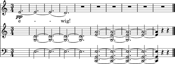 { << \new Staff \relative c' { \set melismaBusyProperties = #'() \clef treble \key c \major \time 3/4 \set Staff.midiInstrument = #"flute" e2.~\pp | e~ | e( | d) | R | R | R | R | R | R \bar "|." } \addlyrics { e - - wig! } \new PianoStaff \relative c' { \new Staff { \clef treble \key c \major \time 3/4 \set Staff.midiInstrument = #"string ensemble 1" \set Staff.midiMaximumVolume = #0.5 s2. | <dg,>2.~ | <dg,>~ | <dg,>~ | <dg,>~ | <a' e>~ | <aeg,>~ | <aeg,>~ <a e>~ | <a e>4 rr \bar "|." } } { \new Staff { \clef bass \key c \major \time 3/4 \set Staff.midiMaximumVolume = #0.5 s2. | ه~ | ه~ | ه~ | ه | <على سبيل المثال، ج،>~ | <على سبيل المثال، ج،>~ | <على سبيل المثال، ج،>~ | <على سبيل المثال، ج،>~ | <eg, c,>4 rr \bar "|." } } >> } \midi{\tempo 4 = 160}