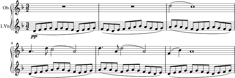 { \new PianoStaff << \new Staff \relative c' { \set Staff.instrumentName = #"Ob." \clef treble \key d \minor \time 3/2 \set Staff.midiInstrument = #"oboe" R1. | R1. | d'2( c1) | a4. d8 c2( a) | d4. a8 d2( a) | f4( bes) a1 } \new Staff \relative c' { \set Staff.instrumentName = #"1.Vn" \set Staff.midiInstrument = #"violin" \clef treble \key d \minor \time 3/2 d8(\pp efgfgfedefg) | f( edefga bes agfg) | a( bes agfefgagfe) | d( efga bes agfefg) | a( bes agfgagfede) | d( efgfgfedefg) } >> } \midi{\tempo 4 = 100}