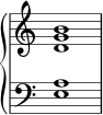{ \override Score.TimeSignature #'stencil = ##f \relative c' { \new PianoStaff << \new Staff { \clef treble \time 4/4 \hide Staff.TimeSignature <dg b>1 } \new Staff { \clef bass \time 4/4 \hide Staff.TimeSignature <e, a>1 } >> } } 