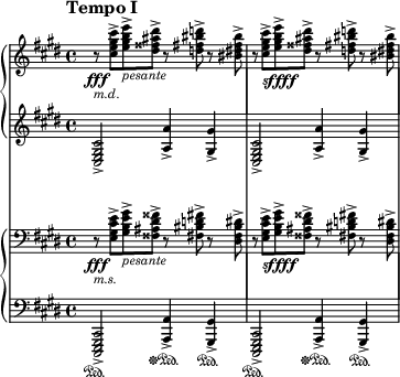 { #(set-global-staff-size 14) \new StaffGroup \with { \omit SystemStartBracket \override StaffGrouper.staffgroup-staff-spacing.basic-distance = #15 } << \new PianoStaff << \new Staff \with { \magnifyStaff #3/4 } << \relative c'' { \time 4/4 \clef treble \key cis \minor \tempo "Tempo I" \tempo 4 = 50 \set Staff.extraNatural = ##f r8\fff _\markup {\left-align \italic md} <cis e gis cis>-> <e gis b e>->_\markup { \italic pesante} <dis fisis ais dis>-> r <d fis bis d>-> r <bis dis fis bis>-> r <cis e gis cis>->_\markup {\dynamic sffff} <e gis b e>-> <dis fisis ais dis>-> r <d fis bis d>-> r <bis dis fis bis>->} >> \new Staff \with { \magnifyStaff #3/4 } << \relative c { \time 4/4 \clef treble \key cis \minor <cis e gis cis>2-> <a' a'>4-> <gis gis'>-> <cis, e gis cis>2-> <a' a'>4-> <gis gis'>->} >> >> \new PianoStaff << \new Staff \with { \magnifyStaff #3/4 } << \relative c { \time 4/4 \clef bass \key cis \minor \set Staff.extraNatural = ##f r8\fff _\markup {\left-align \italic ms} <e gis cis e>-> <gis be gis>->_\markup { \italic pesante} <fisis ais dis fisis>-> r <fis bis d fis>-> r <dis fis bis dis>-> r <e gis cis e>->_\markup {\dynamic sffff} <gis be gis>-> <fisis ais dis fisis>-> r <fis bis d fis>-> r <dis fis bis dis>->} >> \new Staff \with { \magnifyStaff #3/4 } << \relative c,, { \time 4/4 \clef bass \key cis \minor <cis e gis cis>2->\sustainOn <a' أ'>4-> \sustainOff \sustainOn <gis gis'>->\sustainOn <cis، e gis cis>2-> \sustainOn <a' a'>4->\sustainOff \sustainOn <gis gis'>->\sustainOn} >> >> >> }