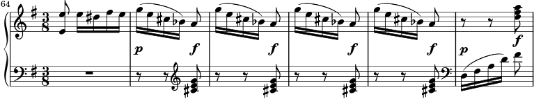  \new PianoStaff << \new Staff << \relative c' { \clef treble \key g \major \time 3/8 \set Score.currentBarNumber = #64 \bar "" <e e'>8 e'16[ dis fis e] \once \override DynamicLineSpanner.staff-padding = #3.5 g16([\pe cis bes)] \once \override DynamicLineSpanner.staff-padding = #3.5 a8\f g'16([ e cis bes)] \once \override DynamicLineSpanner.staff-padding = #3.5 a8\f g'16([ e cis bes)] \once \override DynamicLineSpanner.staff-padding = #3.5 a8\f rr <d fis a>\f } >> \new Staff << \new Voice \relative c' { \clef bass \key g \major \time 3/8 R4. r8 r \clef treble <cis e g> r8 r <cis e g> r8 r <cis e g> r8 r <cis e g> \clef bass \once \override DynamicLineSpanner.staff-padding = #3.5 d,16([^\p fis ad)] fis8 } >> >> 