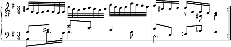  \new PianoStaff << \new Staff \relative c'' { \key g \major \time 3/4 cis32 g fis gag fis g e' cis b cis d cis b cis g' edeag fis e | << { fis16 cis cis ddg, g fis fis4 } \\ { s4 r8 cis d4 } >> | \bar ":|." } \new Staff << \new Voice \relative c' { \key g \major \clef bass \voiceOne a8[ cis] g' e cis4 | d8[ e,] f bes a4 | } \new Voice \relative c { \voiceTwo a8 a'16. g32 a4. a8 | d,2. | } >> >> 