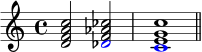 { \new Staff << \new Voice \relative c' { \clef treble \key c \major \time 4/4 \override NoteColumn.force-hshift = #1 \override NoteHead.color = #red s2 des \override NoteColumn.force-hshift = #0.5 c1 } \new Voice \relative c' { \clef treble \key c \major \time 4/4 <dfa c>2 <f aes ces> <eg c>1 \bar "||" } >> } 