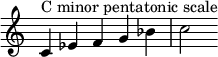 { \override Score.TimeSignature #'stencil = ##f \relative c' { \clef treble \time 5/4 c4^\markup { "مقياس دو الصغير الخماسي" } es fg bes c2 } }