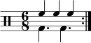 \new Staff << \new voice \relative c' { \clef percussion \time 6/8 \set Score.tempoHideNote = ##t \tempo 4. = 80 \stemDown \repeat volta 2 { g4. g } } \new voice \relative c' { \stemUp \repeat volta 2 { f4 ff } } >>