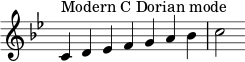 { \key c \dorian \override Score.TimeSignature #'stencil = ##f \relative c' { \clef treble \time 7/4 c4^\markup { Modern C Dorian mode } d es fga bes c2 } }