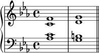  \new PianoStaff << \new Staff << \new Voice \relative c' { \stemUp \clef treble \key c \minor \time 4/4 f1 g } \new Voice \relative c' { \stemDown c1 d } >> \new Staff << \new Voice \relative c' { \stemUp \clef bass \key c \minor \time 4/4 c1 b } \new Voice \relative c' { \stemDown aes1 g \bar "||" } >> >> 