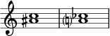  { \override Score.TimeSignature #'stencil = ##f \relative c'' { \time 4/4 \set Score.tempoHideNote = ##t \tempo 1 = 20 <ais c>1 <a? ces> } } 