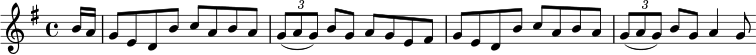  % المفاتيح والتعبيرات من مجموعة بيتري \new Score { \new Staff { \relative c'' { \clef treble \key g \major \time 4/4 \partial 16*2 b16 a | g8 ed b' caba | \times 2/3 { g8( ag) } b8 gage fis | g8 ed b' caba | \times 2/3 { g8( ag) } b8 g a4 g8 } } } 