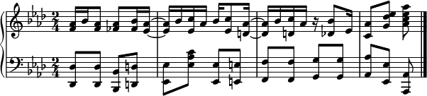 { \new PianoStaff << \new Staff << \new Voice \relative c' { \clef treble \key aes \major \time 2/4 <f aes>16 bes <f aes>8 <fes aes> <fes bes>16 <es aes>~ <es aes> bes' <es, c'> aes bes <es, c'>8 <d aes'>16~ <d aes'> bes' <d, c'> aes' r <des, bes'>8 es16 <c aes'>8 <g' des' es> <aes c es aes> } >> \new Staff << \relative c, { \clef bass \key aes \major \time 2/4 <des des'>8 <des des'> <bes bes'> <d d'> <es es'> <es' aes c> <es, es'> <e e'> <ff f'> <ff f'> <g g'> <g g'> <aes aes'> <es es'> <aes, aes'> \bar "|." } >> >> }