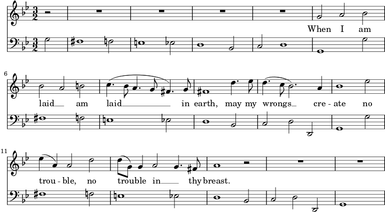  << \new Staff \fixed c' { \key g \minor \omit Score.MetronomeMark \tempo 2=60 \time 3/2 \partial 2 \set Staff.midiInstrument = "choir aahs" r2 | R1.*4 | g2 a bes | \break bes ab | c'4.( bes8 a4. g8 fis4.) g8 | fis1 d'4. ees'8 | d'4.( c'8 bes2.) a4 | bes1 ees' 2 | 4( a) 2 d' | 8( g) 4 a2 g4. fis8 | a1 r2 | R1.*2 | } \addlyrics { عندما أُدفن __ _ أُدفن __ في الأرض، لعلّ أخطائي __ لا تُسبّب __ متاعب __ في __ _ صدرك. } \new Staff { \clef bass \key g \minor \set Staff.midiInstrument = "cello" g2 | fis1 f2 | e1 ees2 | d1 bes,2 | c d1 | g, g2 | fis1 f2 | e1 ees2 | d1 bes,2 | cdd, | g,1 g2 | fis1 f2 | e1 ees2 | d1 bes,2 | cdd, | g,1 s2 | } >> 