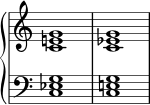  \new PianoStaff << { \omit Score.TimeSignature } \new Staff \fixed c' { <ce! g>1 <c ees g> } \new Staff \fixed c { \clef bass <c ees g>1 <ce! g> } >> 