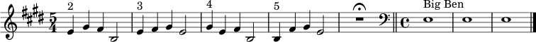 \relative c' {\set Staff.midiInstrument = #"أجراس أنبوبية" \time 5/4 \key e \major e4^"2" gis fis b,2 | e4^"3" fis gis e2 | gis4^"4" e fis b,2 | b4^"5" fis' gis e2 | R1*5/4\فرماتا \شريط "||" \clef bass \time 4/4 e,1^"بيج بن" | ه1| e1 \bar "|."| }