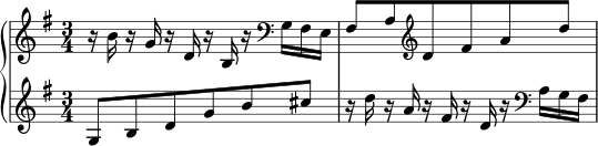  \new PianoStaff << \new Staff \relative c'' { \key g \major \time 3/4 r16 brgrdrbr \clef bass g fis e | fis8 a \clef treble d fis ad | } \new Staff \relative c' { \key g \major g8 bdgb cis | r16 drar fis rdr \clef bass ag fis | } >> 