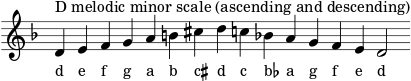  \header { tagline = ##f } scale = \relative b { \key d \minor \omit Score.TimeSignature d^"D melodic minor scale (ascending and descending)" efgab cis dc! bes! agfe d2 } \score { { << \cadenzaOn \scale \context NoteNames \scale >> } \layout { } \midi { } } 