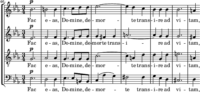 
    { << \new StaffGroup << \new Staff << \set Staff.midiInstrument = #"voice oohs" \set Score.currentBarNumber = #46 \clef treble \key es \major \time 3/4 \bar "" \relative c'' { \set Score.tempoHideNote = ##t \tempo 4 = 78 \clef treble \key es \major \time 3/4 bes2.^\markup {\dynamic p} b2 b4 c4. c8 dd es2.~ es4 dc bes bes bes bes2. أ4 } \addlyrics { وجه -- as، دو -- mi -- ne، دي -- mor -- te trans -- i -- re ad vi -- tam، } >> \new Staff << \set Staff.midiInstrument = #"voice oohs" \clef treble \key es \major \time 3/4 \new Voice \relative c' { es2.^\markup {\dynamic p} f2 f4 es4. es8 gg g4 fis g a2.~ a4 gg g2. fis4 } \addlyrics { Fac e -- as, Do -- mi -- ne, de -- mor -- te trans -- i -- re ad vi -- tam, } >> \new Staff << \set Staff.midiInstrument = #"voice oohs" \clef "treble_8" \key es \major \time 3/4 \new Voice \relative c' { g2.^\markup {\dynamic p} aes2 aes4 g4. g8 gg c2.~ c4 addg, d' e2. أ، 4 } \addlyrics { وجه -- as، دو -- mi -- ne، دي -- mor -- te trans -- i -- re ad vi -- tam، } >> \new Staff << \set Staff.midiInstrument = #"voice oohs" \clef bass \key es \major \time 3/4 \new Voice \relative c { es2.^\markup {\dynamic p} d2 d4 es4. es8 bb c4( aes' g) fis2 fis4 g es d cis2. d4 } \addlyrics { وجه -- as، دو -- mi -- ne، دي -- mor -- te trans -- i -- re ad vi -- tam، } >> >> >> }

