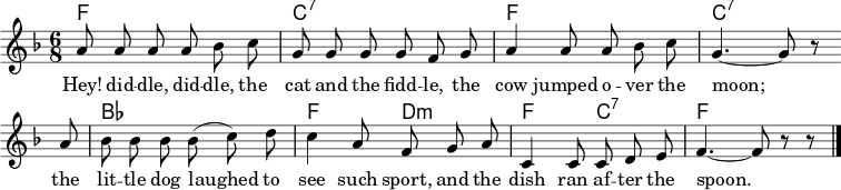  \header { tagline = ##f } global = { \key f \major \time 6/8 } chordNames = { \set Staff.midiInstrument = #"acoustic guitar (nylon)" \chordmode { \global f,2.\p | c,:7 | f, | c,:7 | bes, | f,4. d,:m | f, c,:7 | f,2 s4 \bar "|." } } melody = \relative c'' { \global \set Staff.midiInstrument = "vibraphone" \autoBeamOff a8 aaa bes c | ggggf g | a4 a8 a bes c | g4.~ g8 r \bar"" \break a | bes bes bes bes (c) d | c4 a8 f ga | c,4 c8 cde | f4.~ f8 r8 r \bar "|." } verse = \lyricmode { هيه! ديد -- دل، ديد -- دل، القطة والكمان، البقرة قفزت فوق القمر؛ الكلب الصغير ضحك لرؤية هذا المرح، والطبق ركض خلف الملعقة. } \score { << \new ChordNames \chordNames \melody \addlyrics { \verse } >> \layout { indent = 0 \context { \Score \remove "Bar_number_engraver" } } \midi { \tempo 4=100 } } 