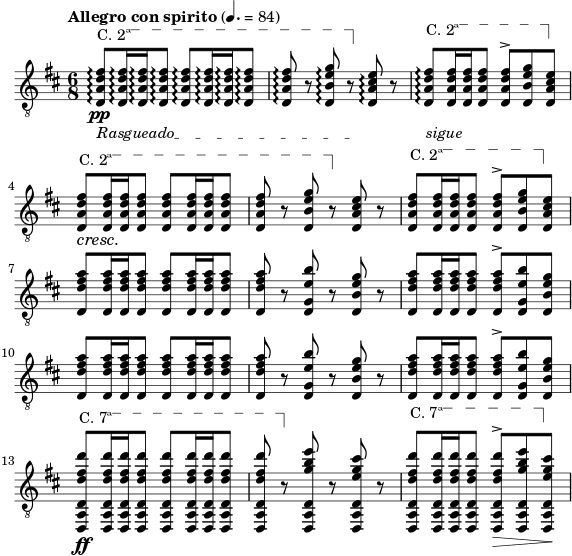  \header { tagline = "" } foo = << \relative c \new Staff { \key d \major \time 6/8 \clef "treble_8" \set Staff.midiInstrument = "acoustic guitar (nylon)" \tempo "Allegro con spirito" 4. = 84 \override TextSpanner #'dash-fraction = #'() \override TextSpanner #'font-shape = #'upright \override TextSpanner #'(bound-details left text) = \markup { "C. 2ª" } \override TextSpanner #'(bound-details right text) = \markup { \draw-line #'(0 . -2) } \override TextSpanner #'(bound-details right padding) = #-3 \override TextSpanner #'(bound-details left stencil-align-dir-y) = #0.8 \stemUp <d a' d fis>8\arpeggio\pp \startTextSpan q16\arpeggio q\arpeggio q8\arpeggio q\arpeggio q16\arpeggio q\arpeggio q8\arpeggio | q\arpeggio r <d b' e g>\arpeggio \stopTextSpan r <d a' cis e>\arpeggio r | <d a' d fis>\arpeggio \startTextSpan q16 q q8 q^> <d b' e g> \stopTextSpan <d a' cis e> | \override DynamicTextSpanner #'dash-period = #-1.0 <d a' d fis>8\cresc \startTextSpan q16 q q8 q q16 q q8 | qr <d b' e g> \stopTextSpan r <d a' cis e> r | <d a' d fis> \startTextSpan q16 q q8 q^> <d b' e g> \stopTextSpan <d a' cis e> | \استراحة \تكرار تتكشف 2 { <d d' fis a>8 q16 q q8 q q16 q q8 | ريال قطري <dg e' b'> r <d b' e g> r | <d d' fis a> q16 q q8 q^> <dg e' b'> <d b' e g> | } \break \override TextSpanner #'(bound-details left text) = \markup { "C. 7ª" } <d, a' d d' fis d'>\ff \startTextSpan q16 q q8 q q16 q q8 | q \stopTextSpan r <d a' d g' b e> r <d a' d e' g cis> r | <d a' d d' fis d'> \startTextSpan q16 q q8 q^>\> <d a' d g' b e> \stopTextSpan <d a' d e' g cis>\! | } \new Dynamics { \override TextSpanner #'(bound-details left-broken text) = ##f \override TextSpanner #'(bound-details right-broken text) = ##f \override TextSpanner #'(bound-details left text) = \markup { "Rasgueado" } s2.\startTextSpan | s4. s \stopTextSpan | \override TextSpanner #'(bound-details left text) = \markup { "sigue" } \override TextSpanner #'dash-period = #-1.0 s2. \startTextSpan | ss sss sss \stopTextSpan } >> \score { \foo \layout { % ragged-last = ##t indent = 0\cm line-width = #140 } } \score { \unfoldRepeats \foo \midi { } } 